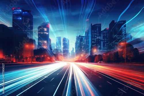 a city at night with light trails flowing across the road Generative AI © SKIMP Art