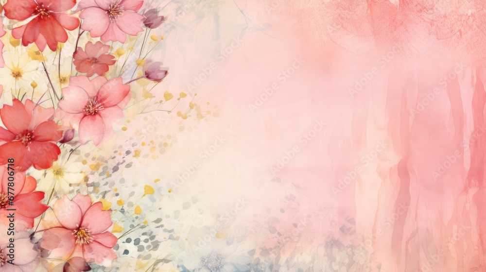 a painting of red and pink flowers on a pink and blue background with space for a text or a picture.