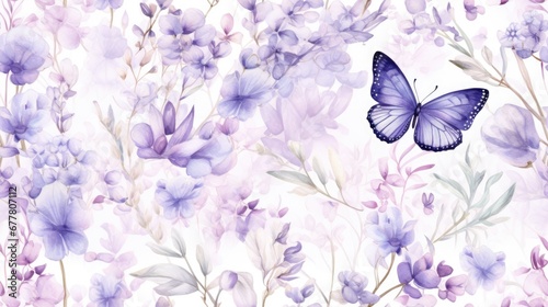  a watercolor painting of purple flowers and a butterfly on a white background with a pink and blue color scheme.