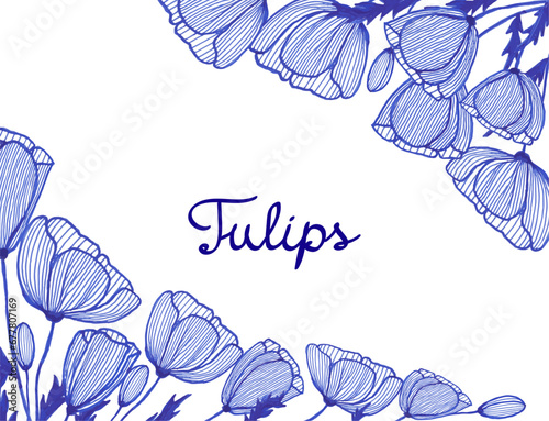 Tulip's flower seamless boarder for banner or invitation card. Vector illustration blue ink hand drawn line art spring flower