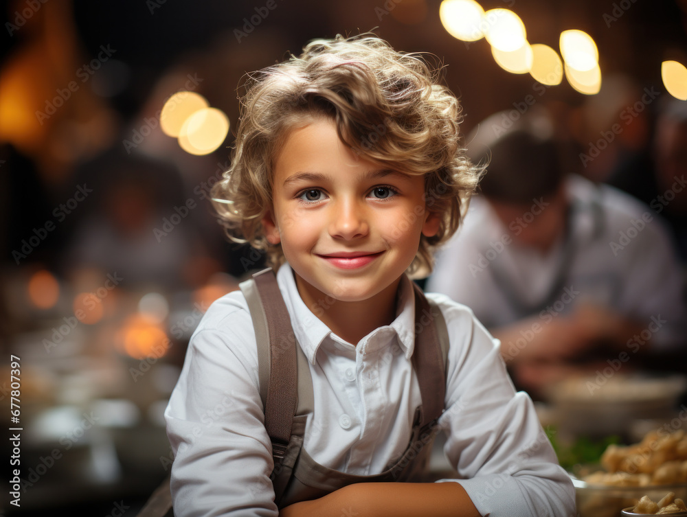 Cooking children. Portrait of little child in form of cook isolated on grey background. Kid professional chef. Cooking process.