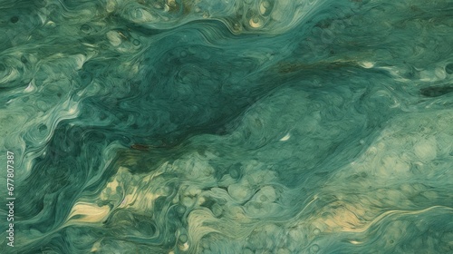  a close up of a green and blue fluid paint textured with gold and silver flecks on a white background.
