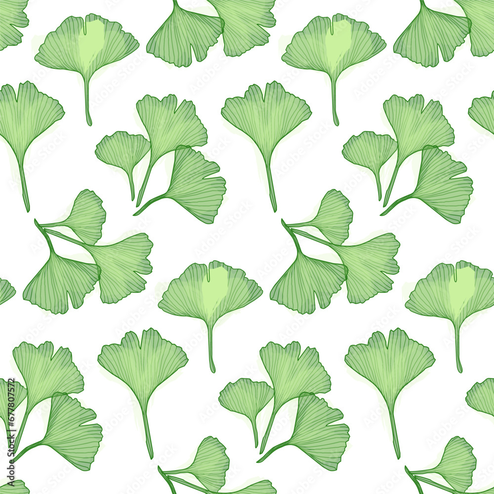 Ginkgo branch with leaves, vector seamless pattern for design of fabric or wallpaper
