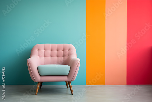 Colorful armchair on blue wall retro interior living room  © YasumiHouse