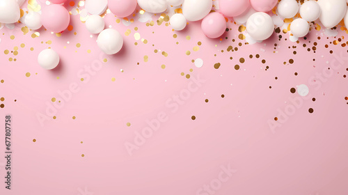 A pink background with gold and white balloons and confetti on it