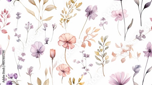  a bunch of flowers that are painted in watercolor on a white sheet of paper with pink  purple  and green leaves.