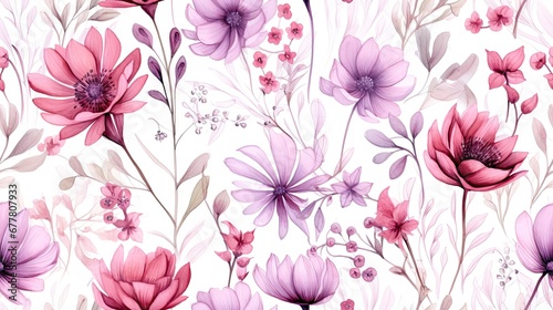  a watercolor painting of pink and purple flowers on a white background with lots of pink and purple flowers on a white background.