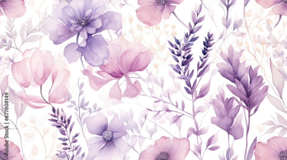 Fototapeta premium a watercolor painting of pink and purple flowers on a white background with green leaves and purple flowers on a white background.