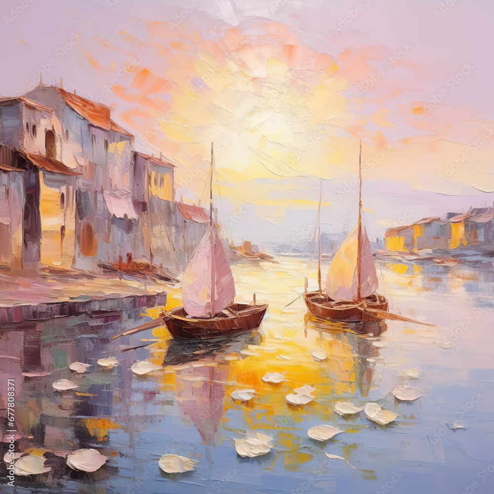Serene Reflections: A Sailboat in a Pastel Harbor