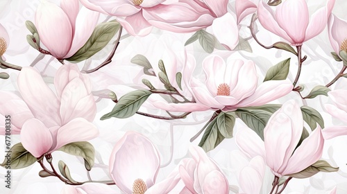  a white and pink floral wallpaper with lots of pink flowers and green leaves on a light gray and white background.