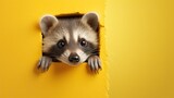  a raccoon pokes its head out of a hole in a yellow wall, with its paws on the edge of the hole to the raccoon.