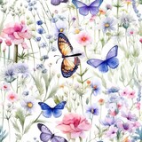  a watercolor painting of a field of flowers with a butterfly on the top of the flowers and butterflies on the bottom of the picture.