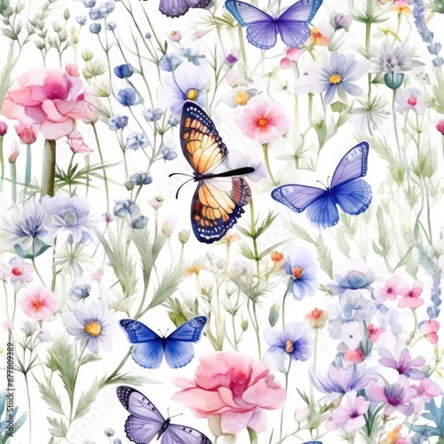  a watercolor painting of a field of flowers with a butterfly on the top of the flowers and butterflies on the bottom of the picture. © Anna