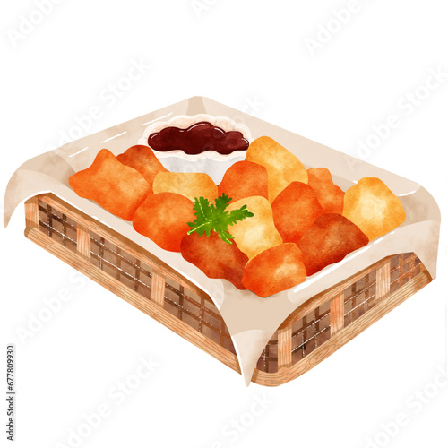 PNG fried crispy chicken nuggets meat on dark wooden basket