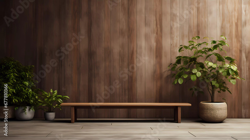 A wooden room with a plant and a bench in front of it with a wooden wall behind it and a planter in the middle