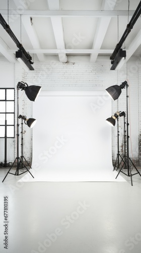  Professional photography studio featuring a pristine white roll-up backdrop and strategically placed photo lights for optimal shooting conditions. photo