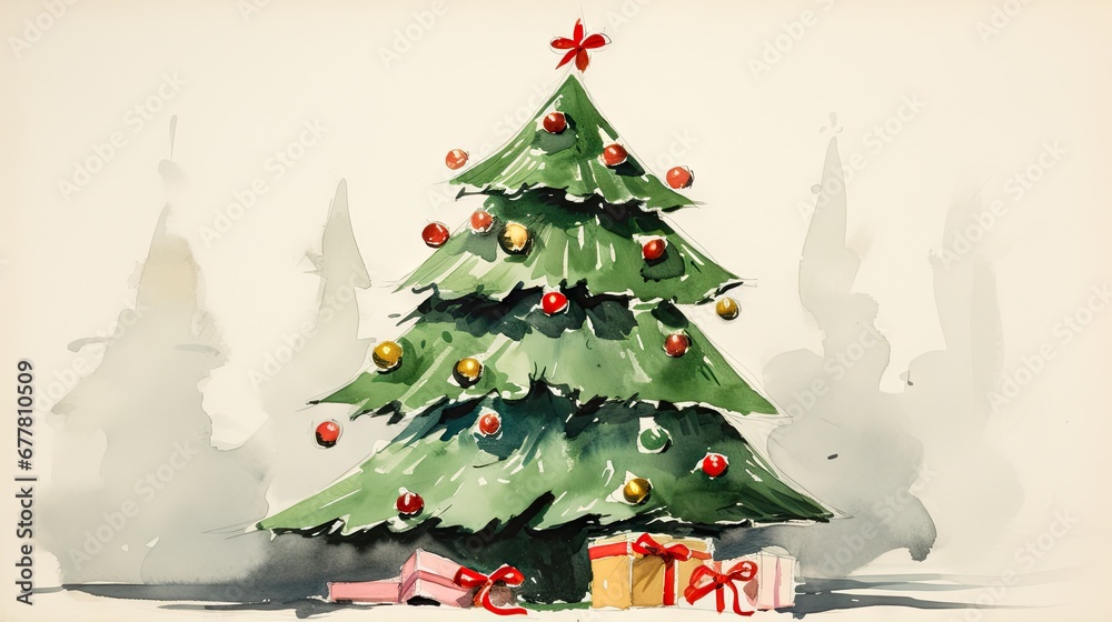  a watercolor painting of a christmas tree with presents under it and a red bow on the top of it.