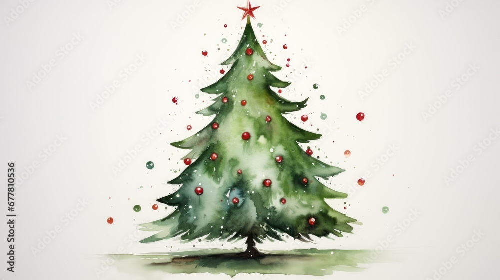  a watercolor painting of a christmas tree with red and green ornaments and a star on top of the tree.