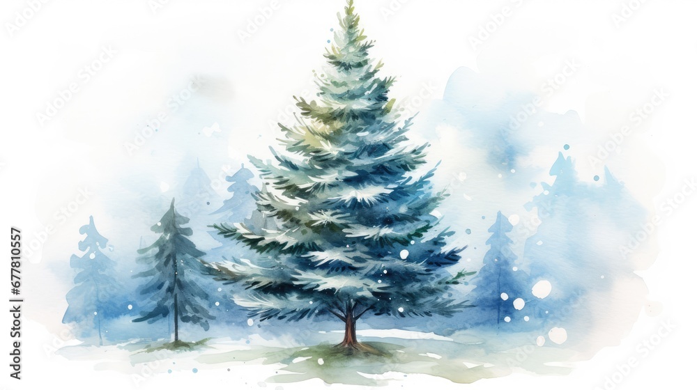  a watercolor painting of a pine tree in a snowy landscape with snow falling on the ground and snow flakes on the ground.