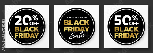 Black Friday sale sicker, label or badge set. Circle discount social media banner design. 20, 50 percent price off. Vector illustration.