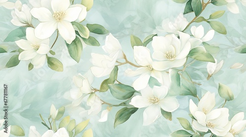  a painting of white flowers with green leaves on a blue and green background with a white flower on the right side of the frame.