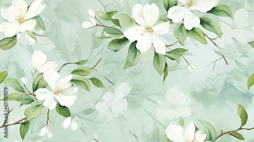  a painting of white flowers and green leaves on a blue and green background with a white flower on the right side of the frame.