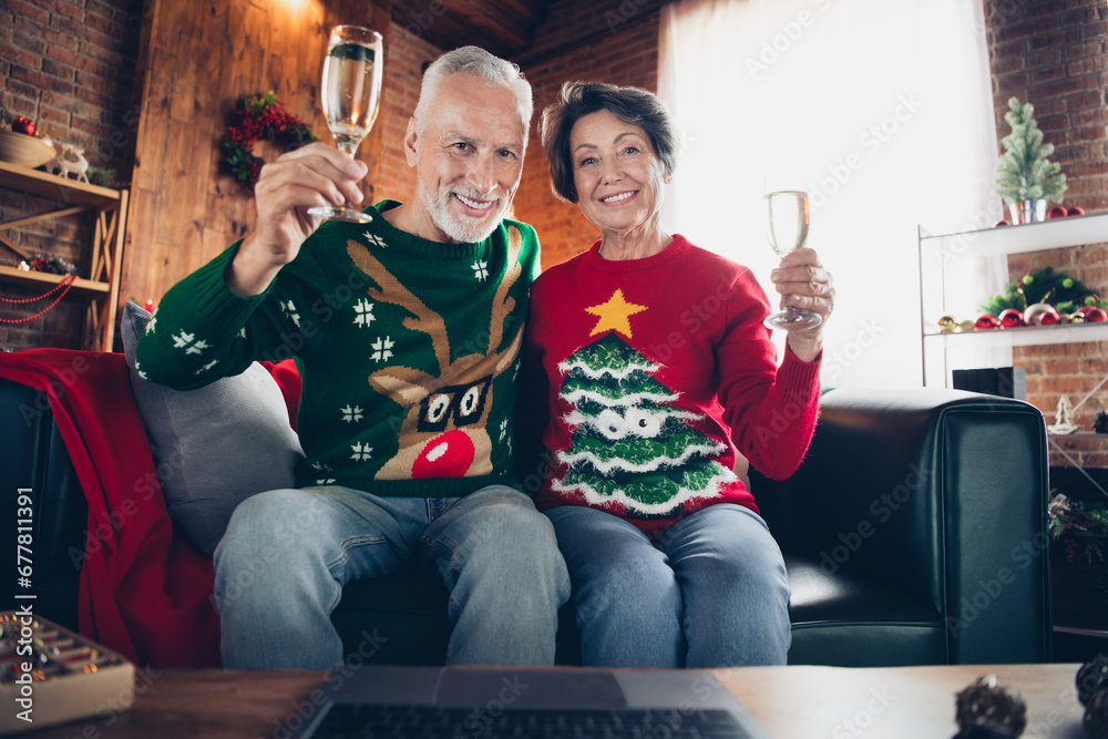 Photo of two elderly people sitting sofa hold champagne glass speak video call conversation web camera indoors