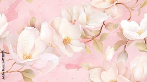  a close up of a pink background with white flowers and leaves on a pink background with a white and gold border.