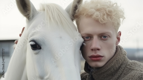 albino man with horse albino close up portrait