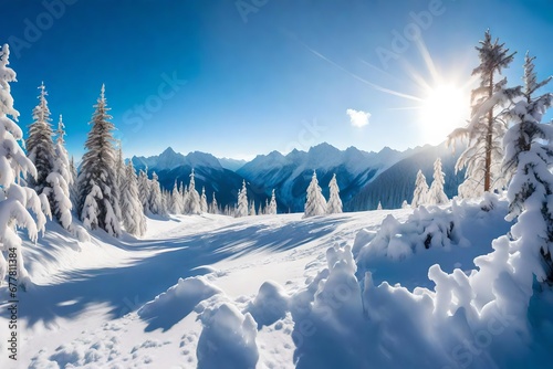 Beautiful winter panorama with fresh powder snow. Landscape with spruce trees, blue sky with sun light and high Alpine mountains on background © Ahsan