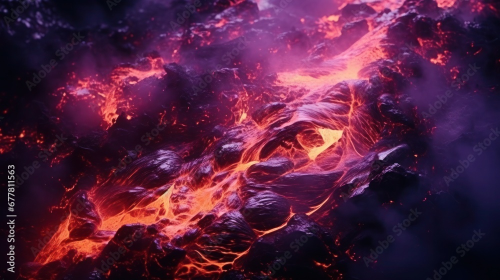 Shining rivers of lava crawl across the earth at night.