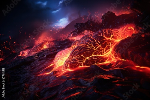 Flowing lava glows in the evening darkness. photo