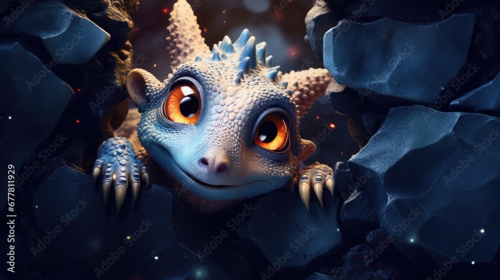 Fototapeta premium an animated baby gecko peeking out of a hole in a rock, with a blurred background The gecko is brightly colored with a mix of blues, greens, and yellows, and its e