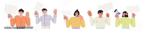 Collection of different smiling men and women holding placards, posters, banners. Teenagers, managers, students, employees with empty paper boards show, present, demonstrate advertisement, message.