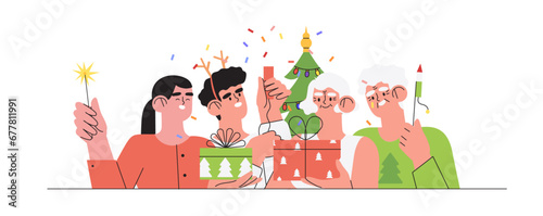 Happy family near christmas tree together give gifts or presents. Christmas and new year preparations banner, flyer, landing page. Trendy characters celebrate winter holidays and x-mas at home.
