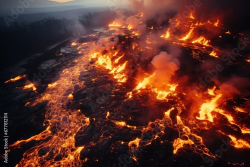 Flowing lava streams set earth on fire as night falls.