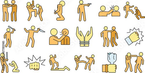 Violence abuse icons set. Outline set of violence abuse vector icons thin line color flat on white