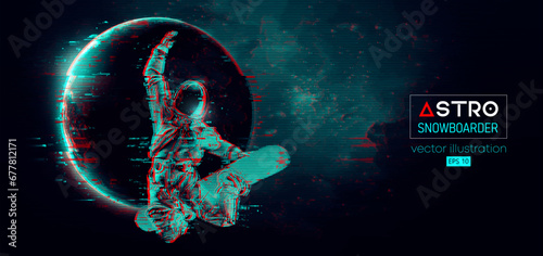 Abstract silhouette of a snowboarding in space action and Earth, Mars, planets on the background of the space. The snowboarder man doing a trick. Carving. Vector 3d render illustration