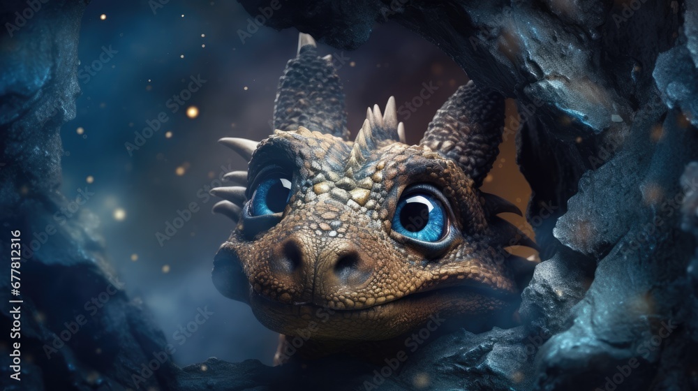 Fototapeta premium a close up of a dragon's face with blue eyes in a cave with rocks and a tree trunk in the foreground, with a dark sky and stars in the background.