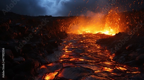 Glowing lava flows through the night landscape.
