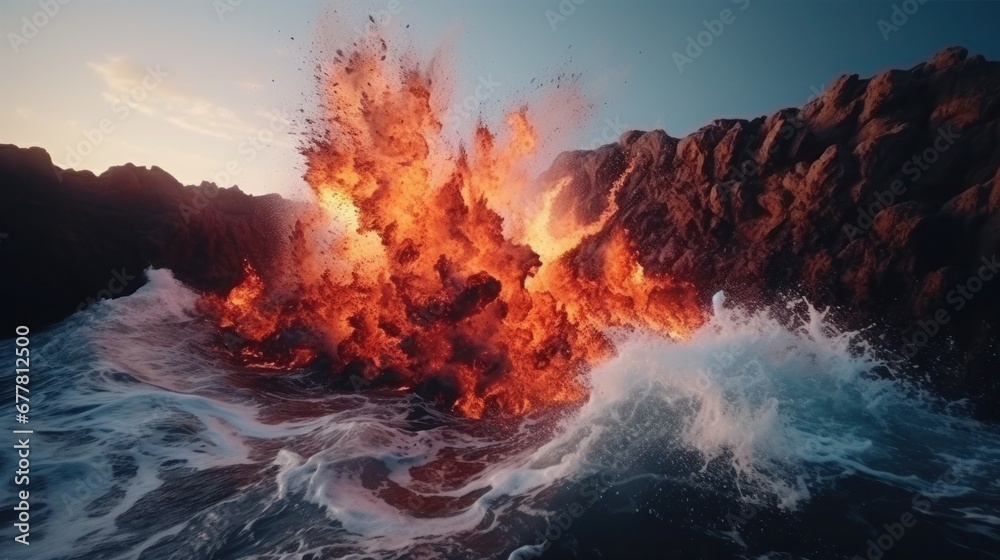 Volcanic eruption hits the sea. - obrazy, fototapety, plakaty 
