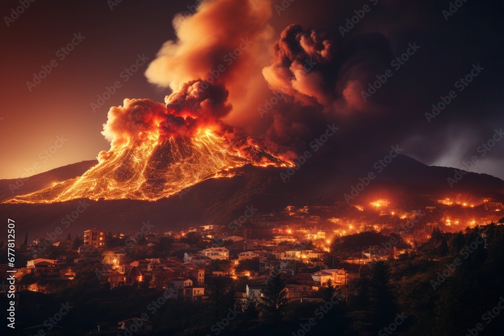Explosive volcanic eruption lights up the twilight sky.