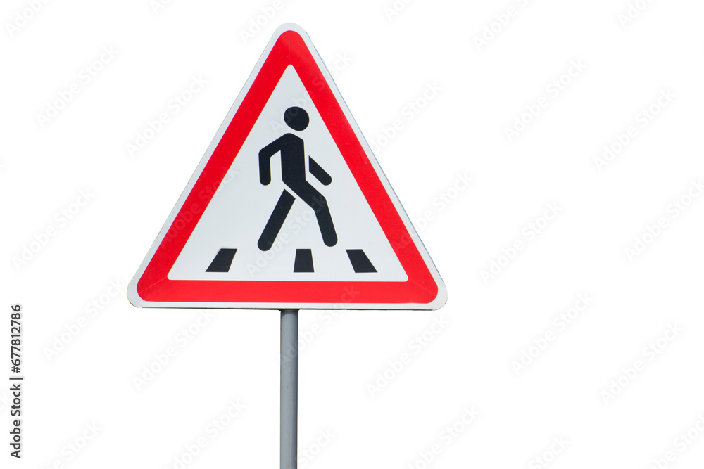 Road sign warning of a crosswalk and crossroad. Regulation of traffic on a highway. Empty roadway with directional signs. Road sign warning of a crosswalk and crossroad. Regulation of traffic on a highway. Empty roadway with directional signs.