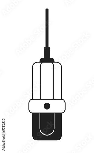 Microphone hanging black and white 2D cartoon object. Vocal performance recording. Podcast audio equipment isolated vector outline item. Announcement message monochromatic flat spot illustration