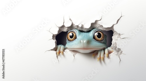  a close up of a frog's face peeking out of a hole in the side of a white wall with a hole in the wall with a white background. photo