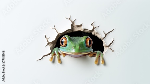  a green frog peeks out of a hole in the wall with its eyes wide open and it's head sticking out of the hole in the side of the wall. photo