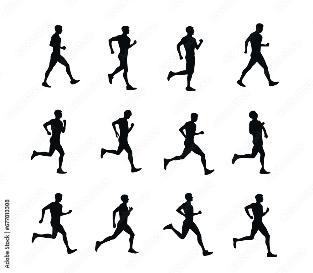 vector set of man walking and running silhouettes manually created