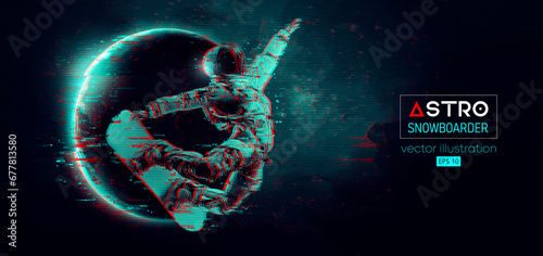 Abstract silhouette of a snowboarding in space action and Earth, Mars, planets on the background of the space. The snowboarder man doing a trick. Carving. Vector 3d render illustration