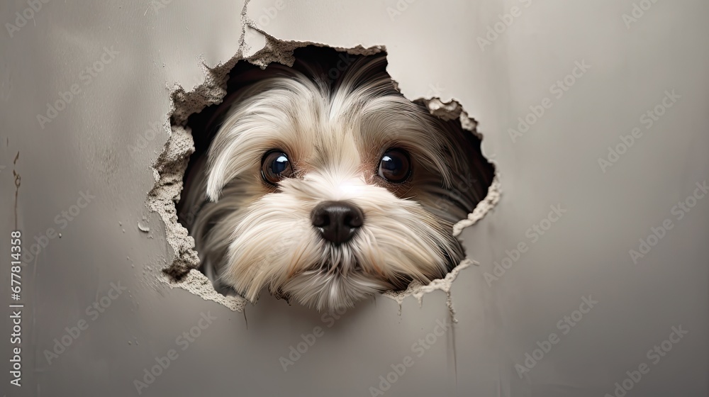 a close up of a dog's face peeking out of a hole in a wall with it's ...
