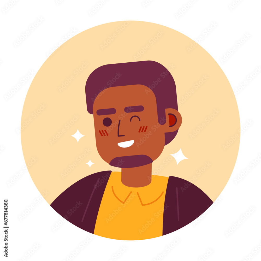 Bearded black man winking smiling 2D vector avatar illustration. African american adult sparkling cartoon character face portrait. Friendly flirty guy flat color user profile image isolated on white